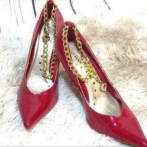 Red Patent Leather Heels with Gold Chain